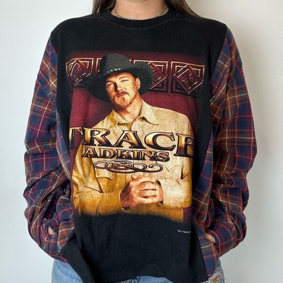 Reworked Trace Adkins Long Sleeve Plaid Relaxed Western Tour Band Shirt Top - Picture 2 of 3